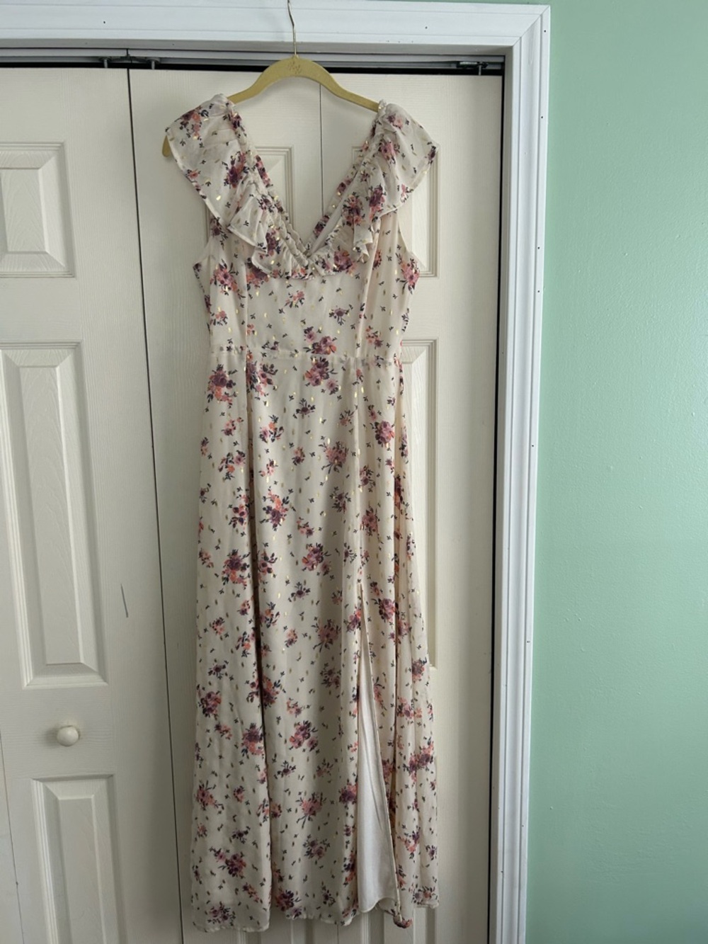 miami Cream Maxi Dress with Pink Floral Print and Ruffle V-Neck